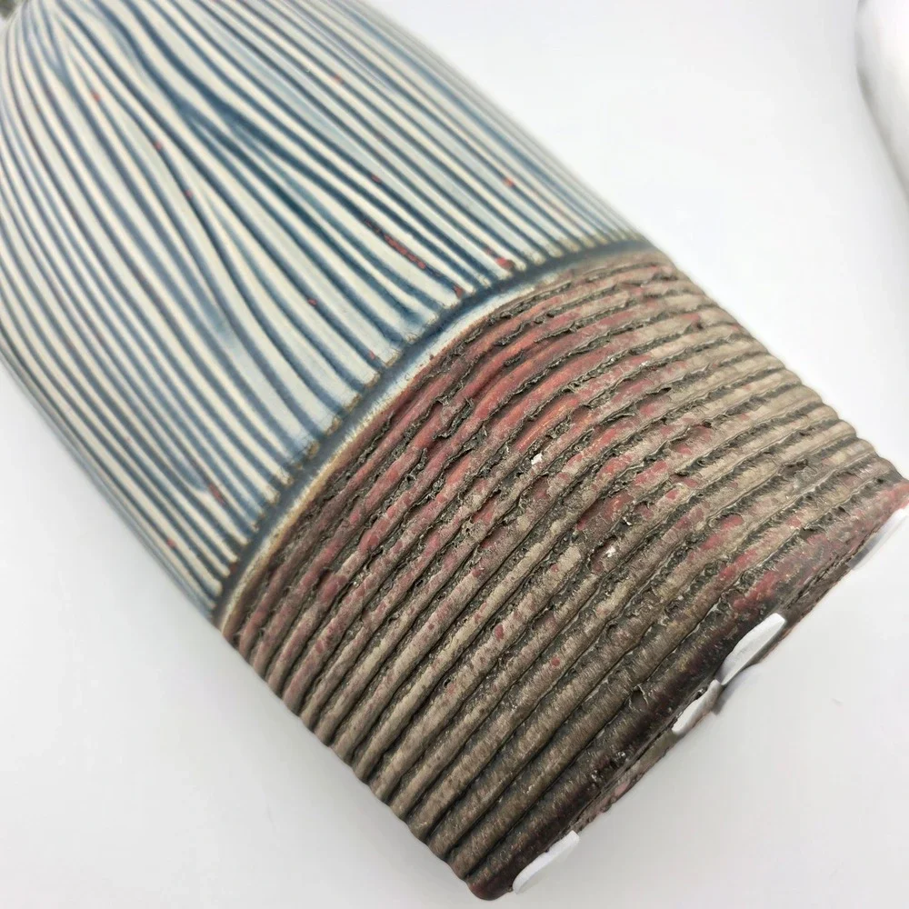 Pier 1 Decorative Vase Ribbed Ceramic Asymmetrical‎ Blue Brown Excellent  Decor